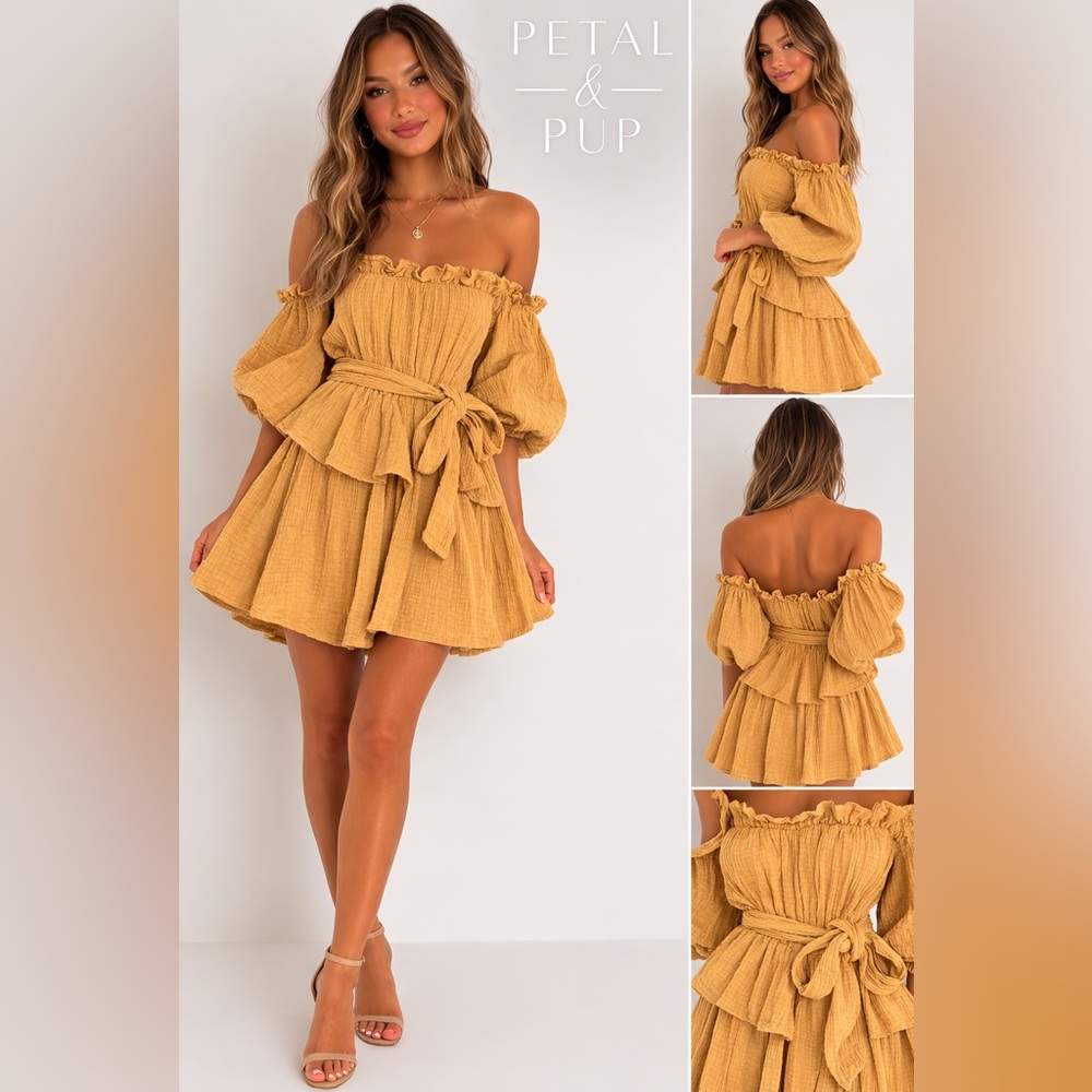 Petal & Pup 100% Cotton Golden Honey Off Shoulder Dress Size M Tie Waist Ruffle - Picture 1 of 11